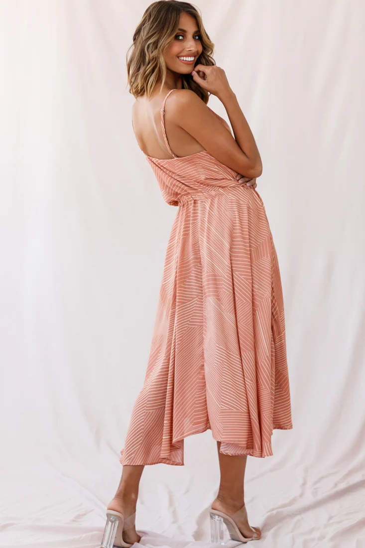 Ava Cowl Neck Drawstring Midi Dress Line Print Nude