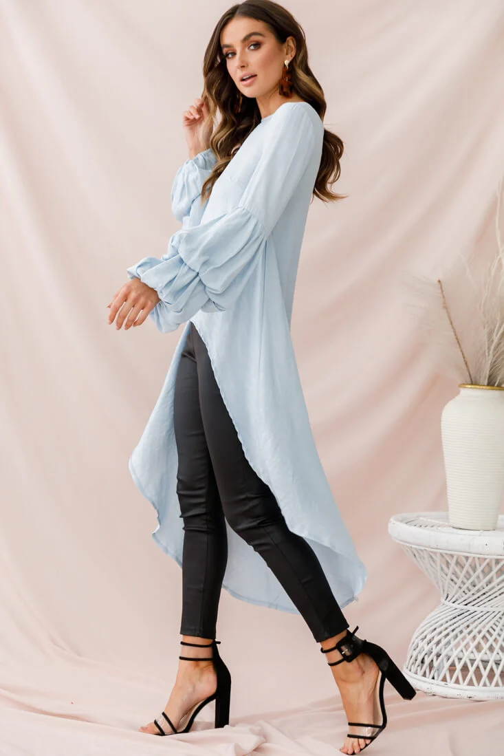 Elaine High Low Balloon Sleeve Top Blue