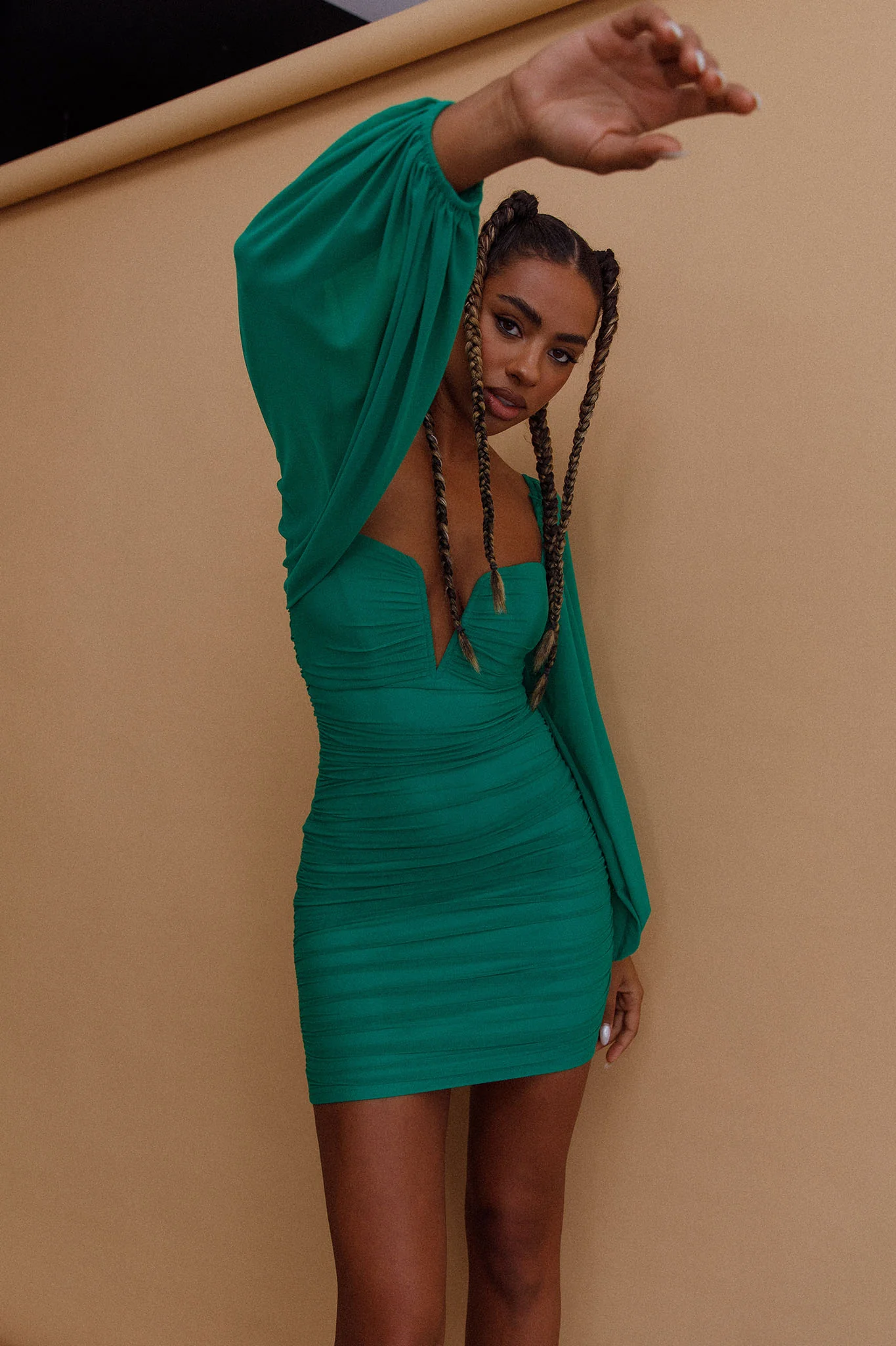 Good Vibes Long Sleeve Deep V-Neckline Ruched Mini Dress Green