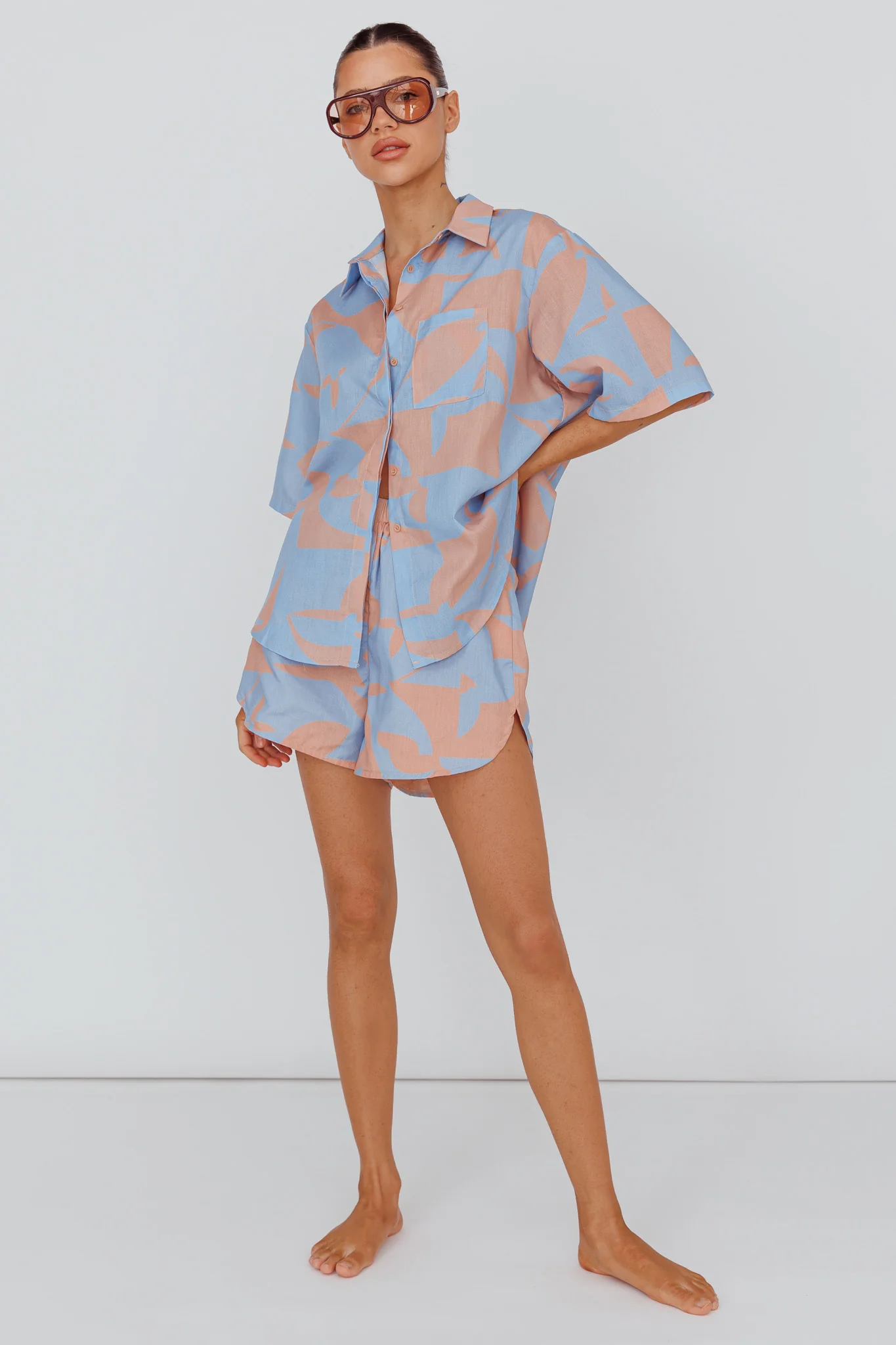 On Vacay Button-Up Shirt Print Blue