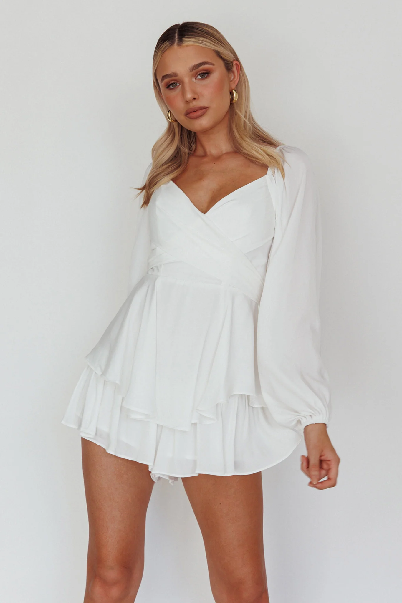 It's Complicated Long Sleeve Flounce Romper White