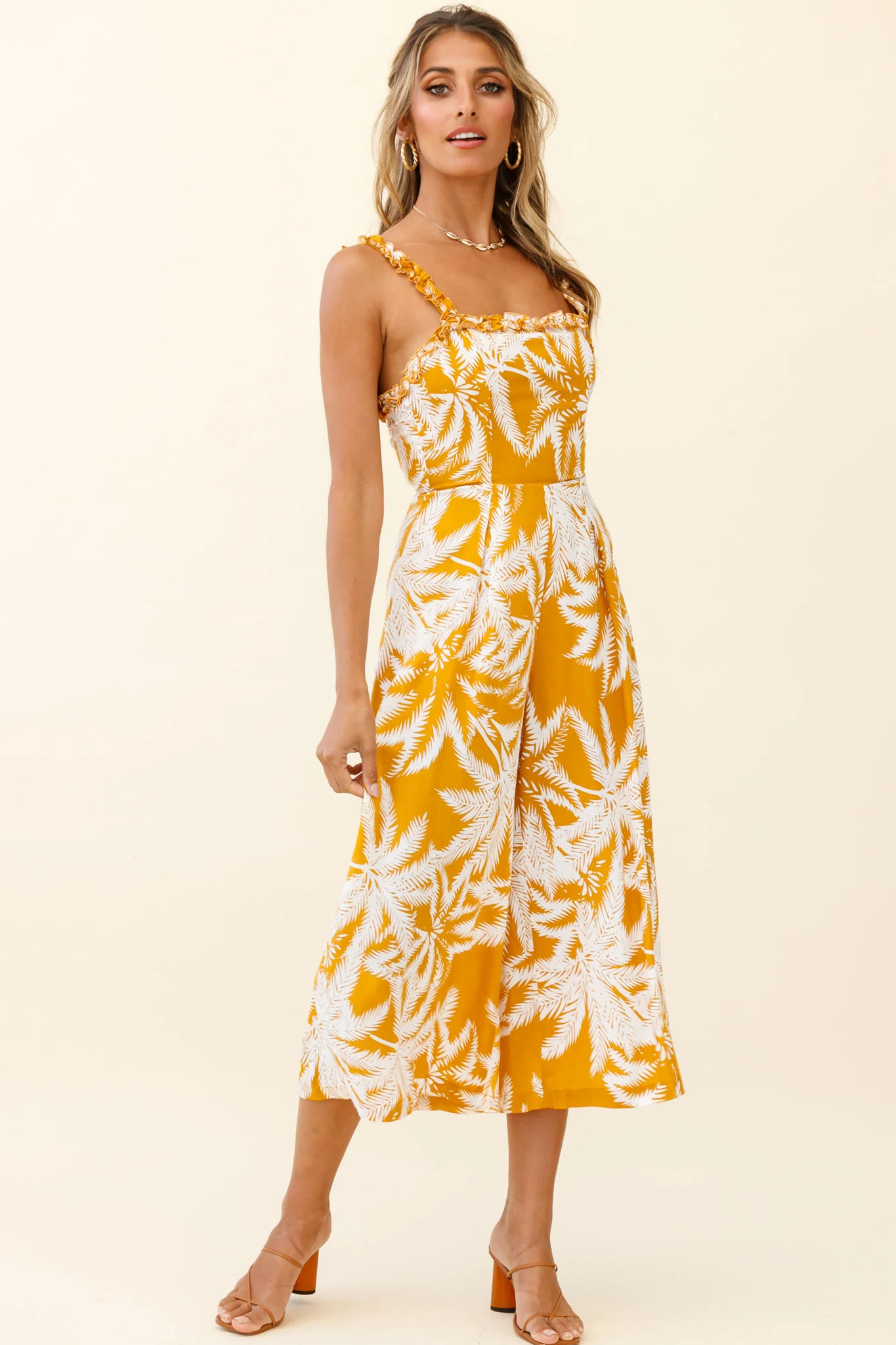 Magdalene Frill Strap Midi Jumpsuit Palm Print Yellow