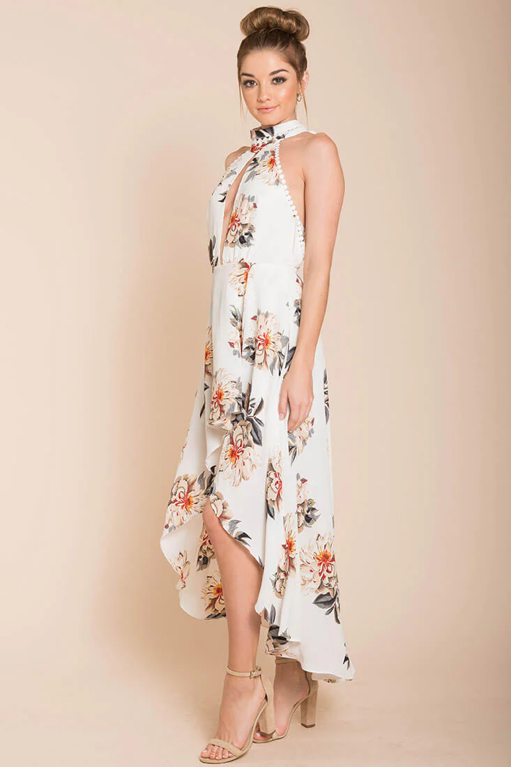 Natalee Floral High to Low Dress White