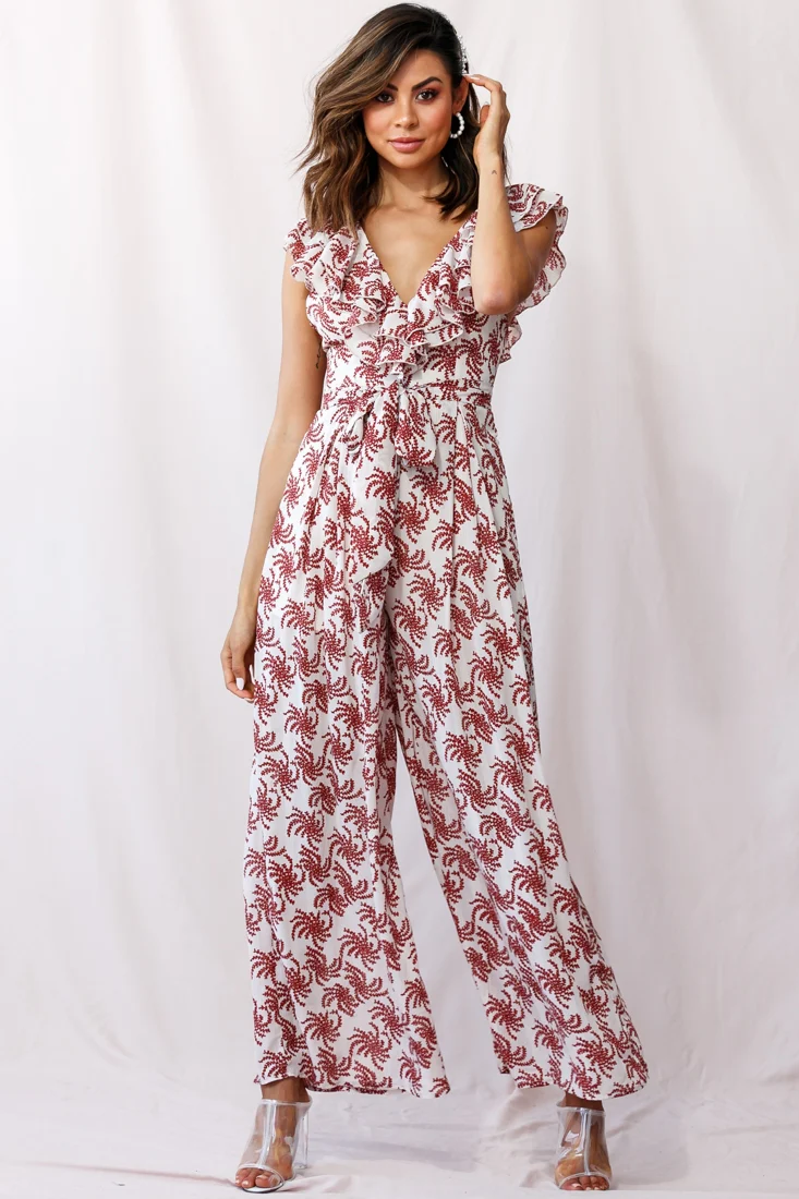 Marcia Ruffle Strap Wide Leg Jumpsuit Floral Print Beige