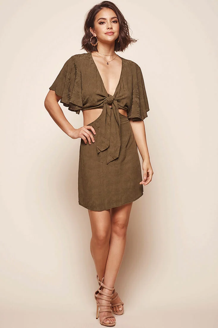 Selfie Batwing Bust Tie Dress Olive