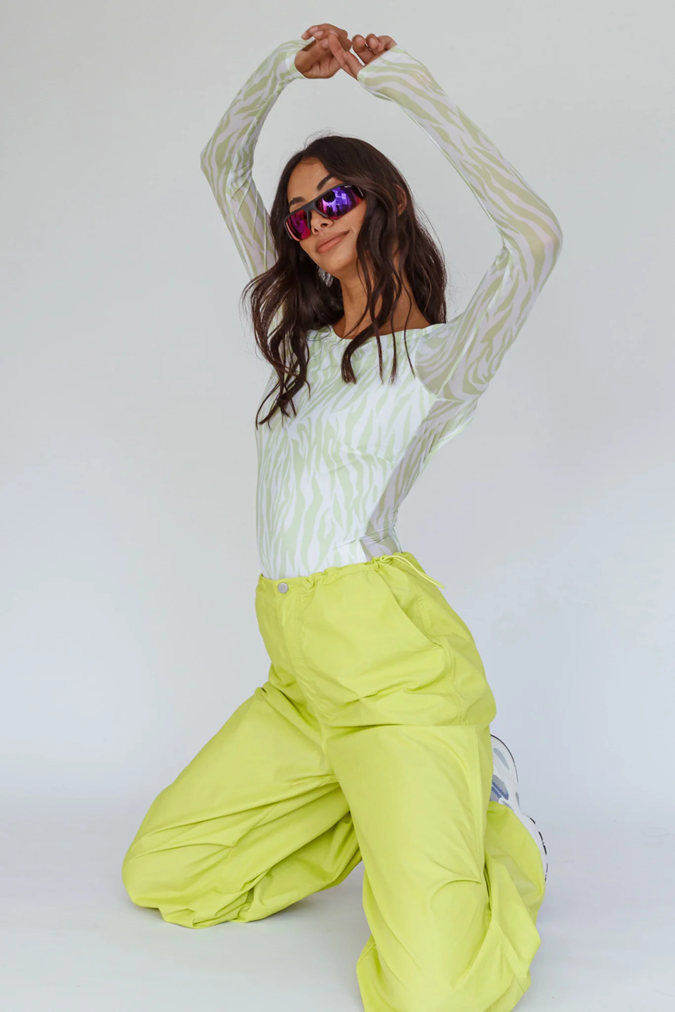 Juni Long Sleeve Low Back Mesh Bodysuit Tiger Lime