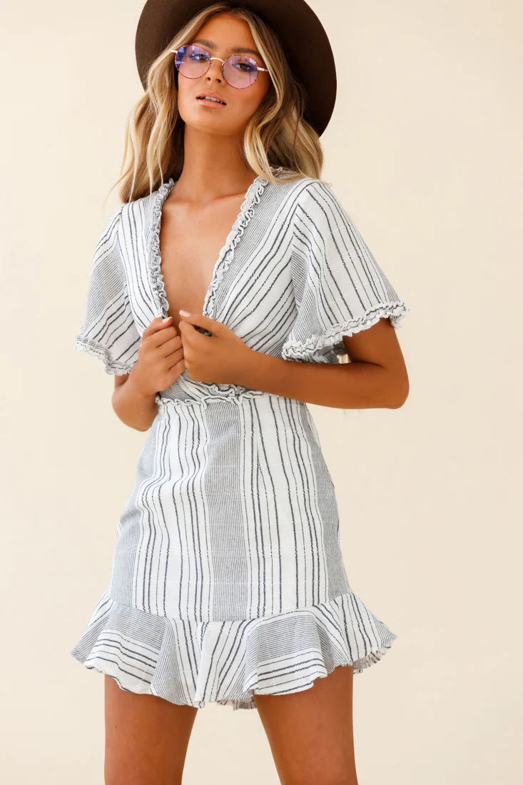 Ochre Open Back Bow Detail Dress Stripe Pattern White/Navy