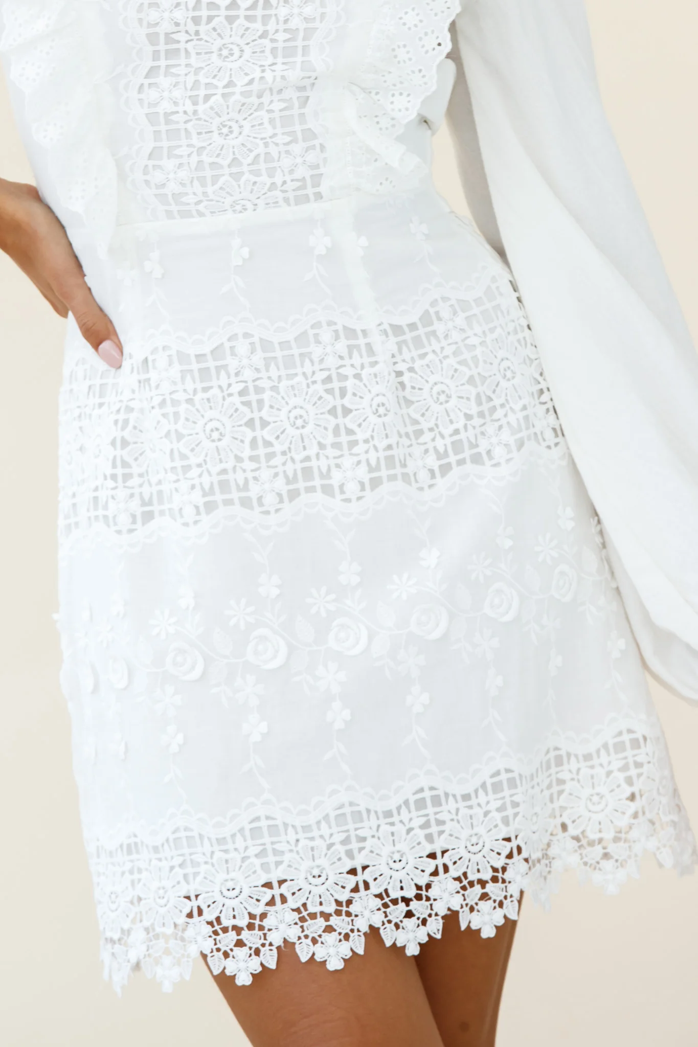 Gracious Long Sleeve Floral Lace Accent Dress White
