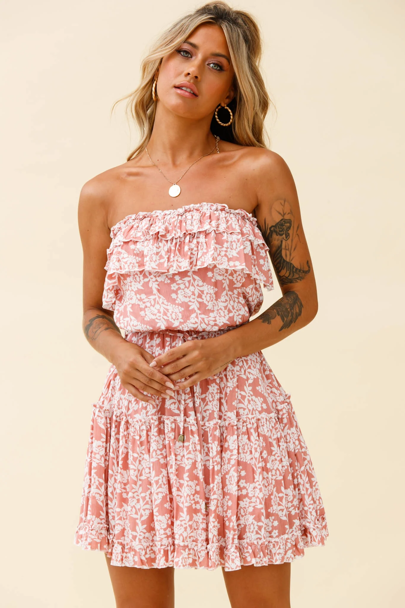 Raquel Strapless Layered Dress Floral Print Blush