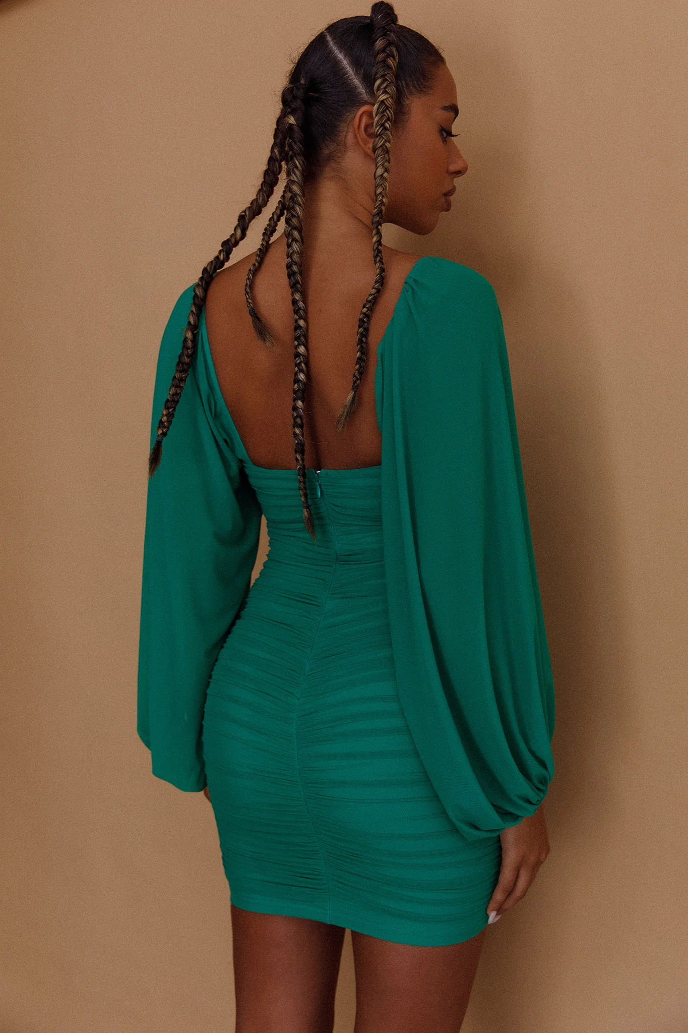 Good Vibes Long Sleeve Deep V-Neckline Ruched Mini Dress Green