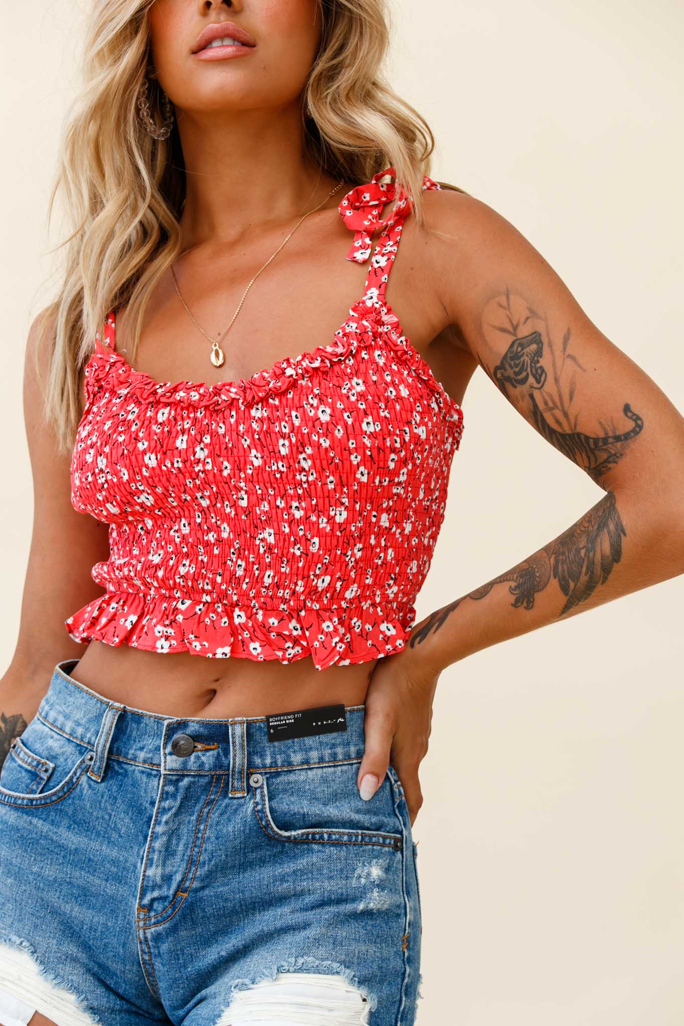 Daisy Chain Tied Shoulder Shirred Crop Top Floral Print Red