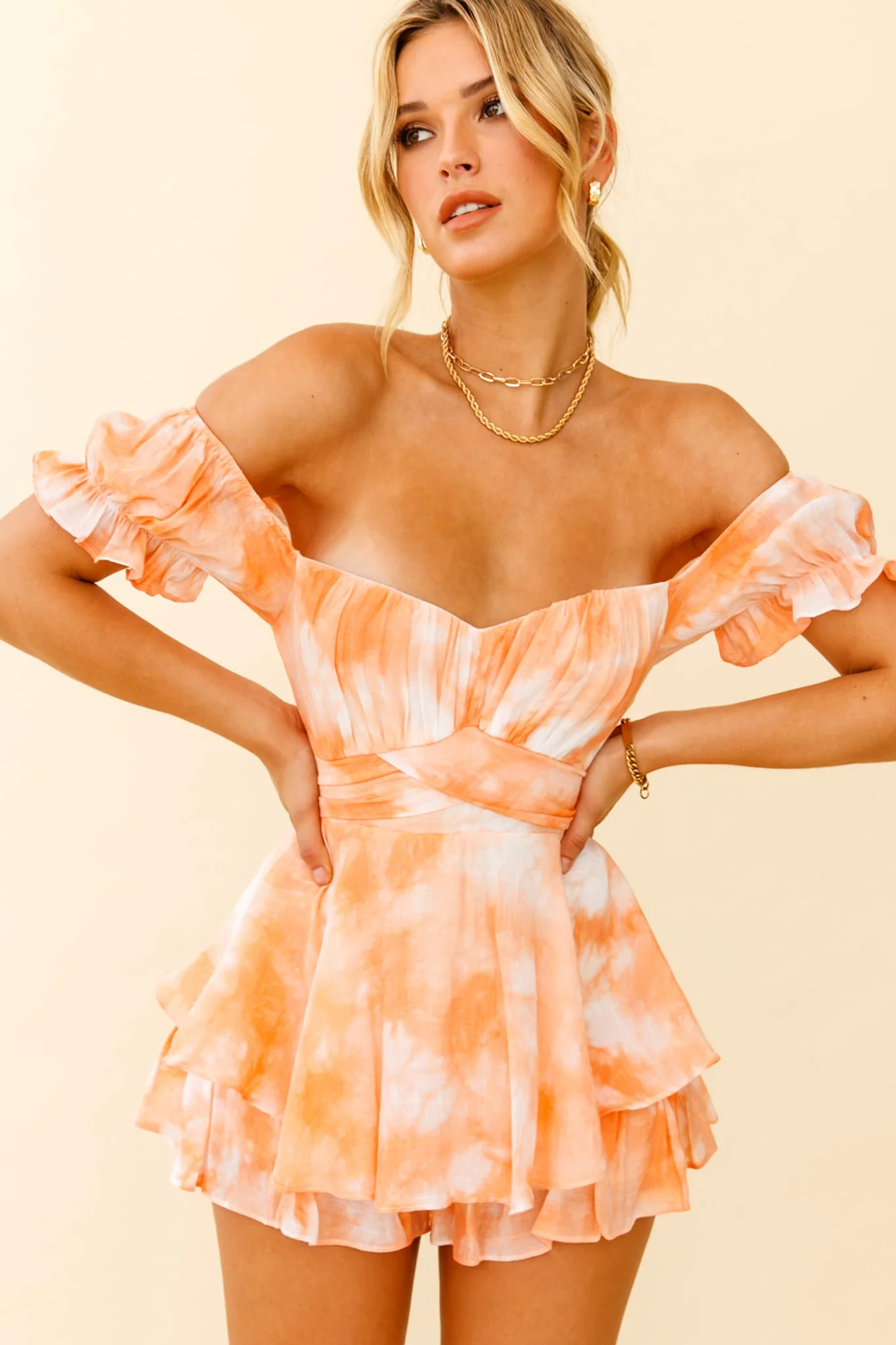 Linka Off-Shoulder Tie Back Romper Tie-Dye Orange