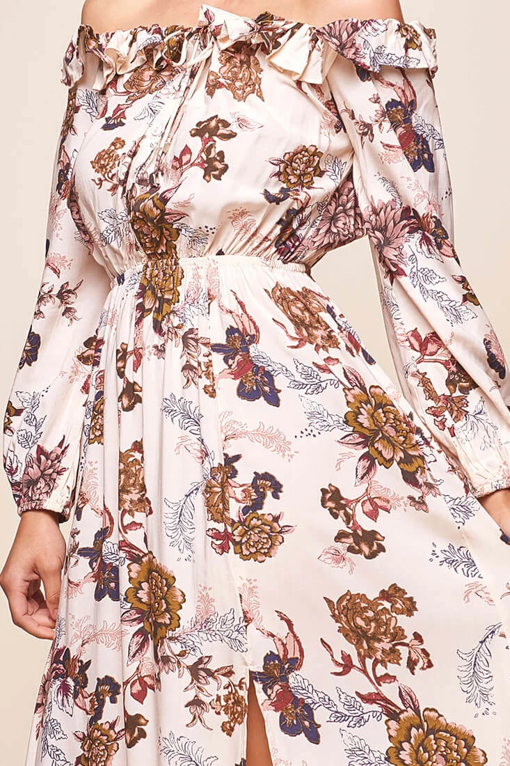 Tatiana Bardot Frill Neckline Maxi Dress Mocha