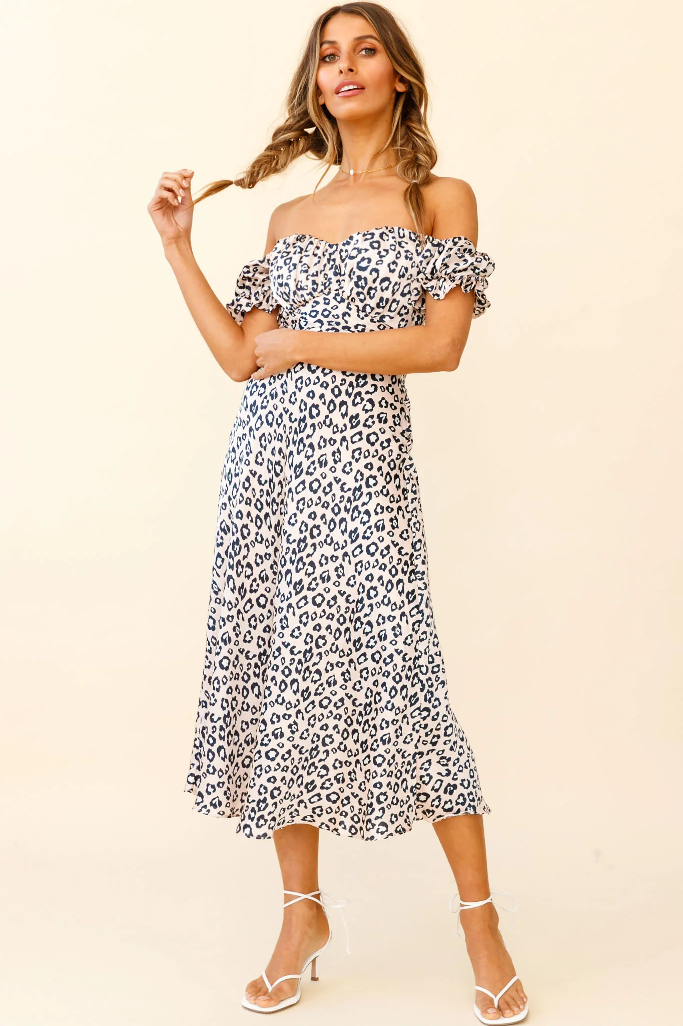 Linka Off-Shoulder Tie Back Midi Dress Leopard Print Pink