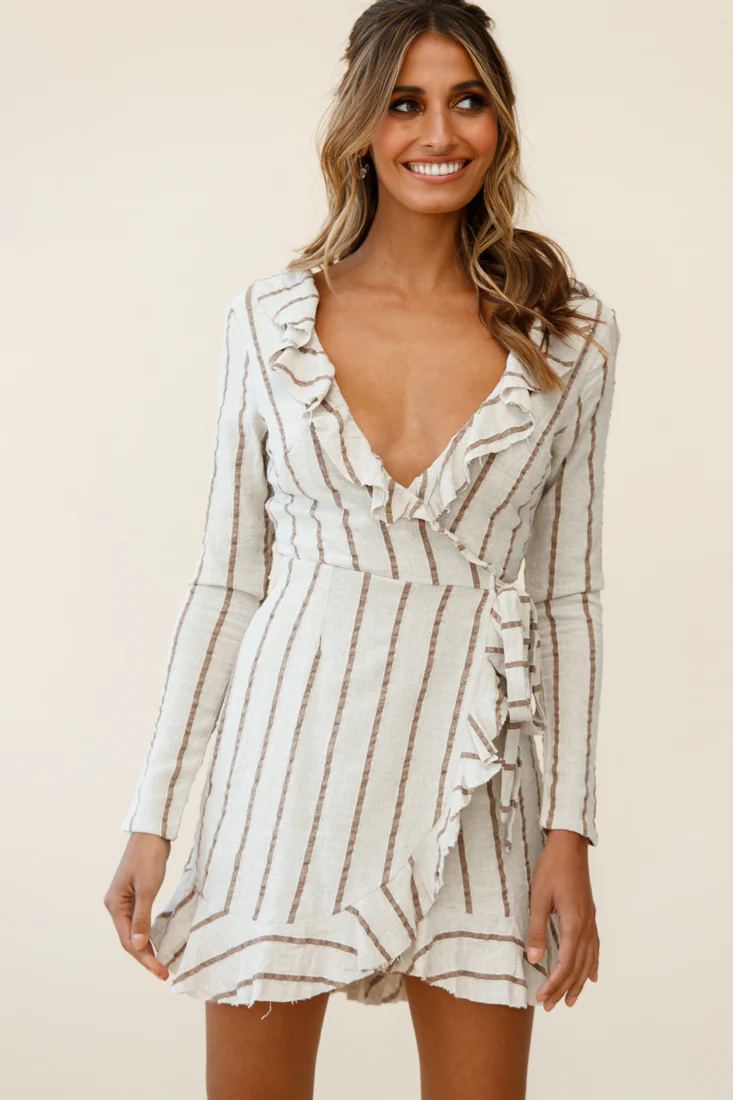 Beatrice Faux Wrap Ruffle Trim Raw Edge Dress Natural/Tan Stripe