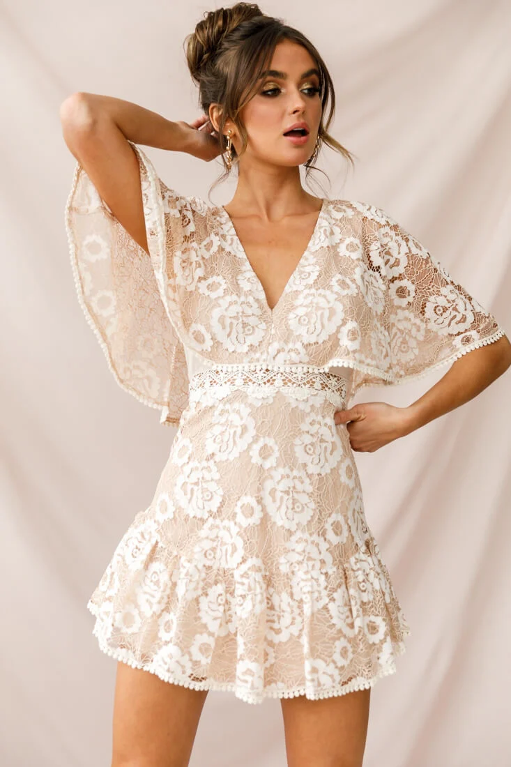 Geneva Cape Sleeve Lace Dress Nude