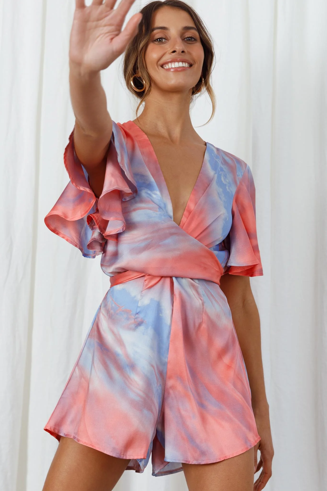 Unconditional Plunging Wrap Style Romper Marbled Tie Dye Red/Purple