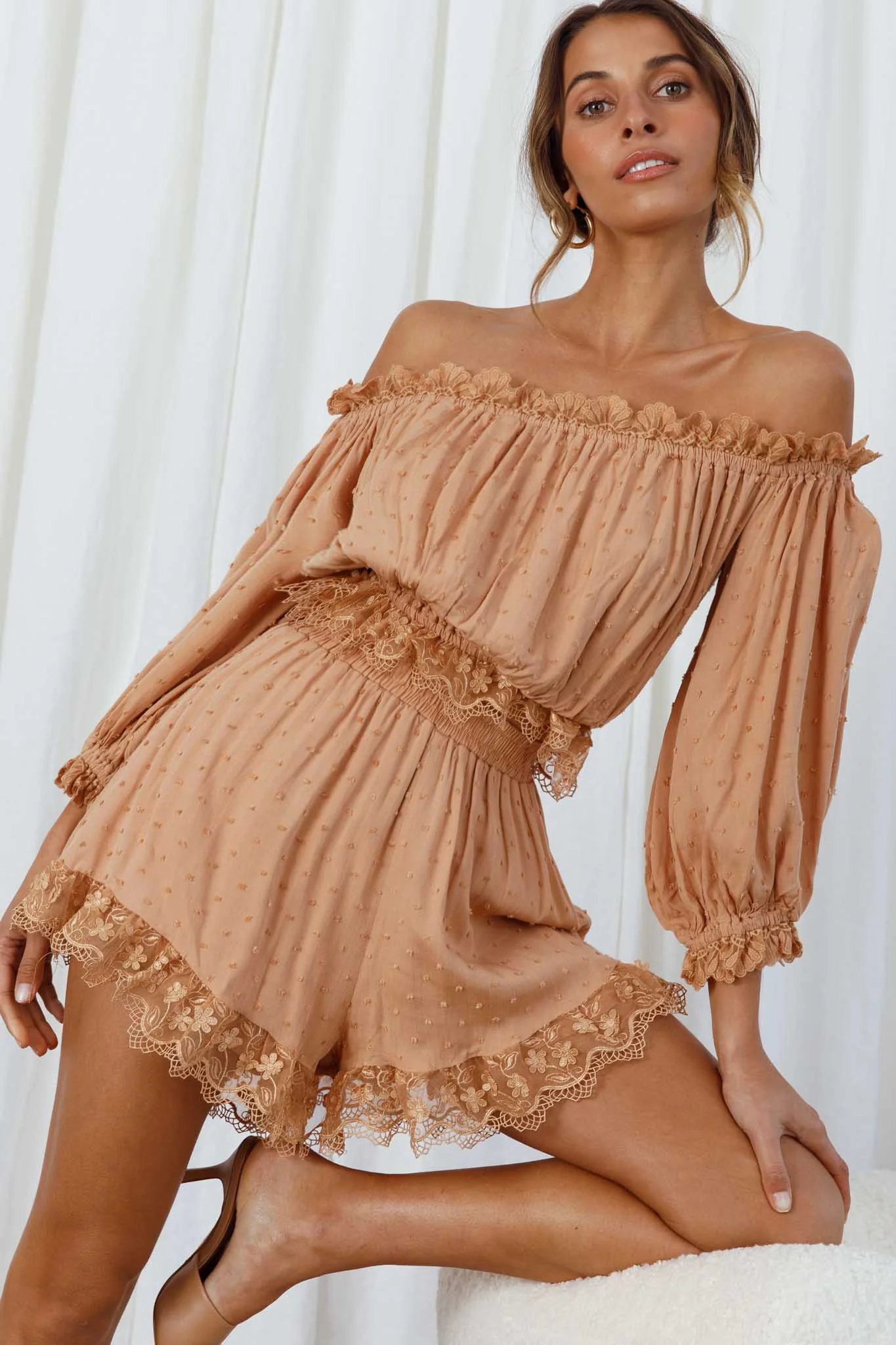 Romilly Scalloped Lace Trim Off-Shoulder Top Tan