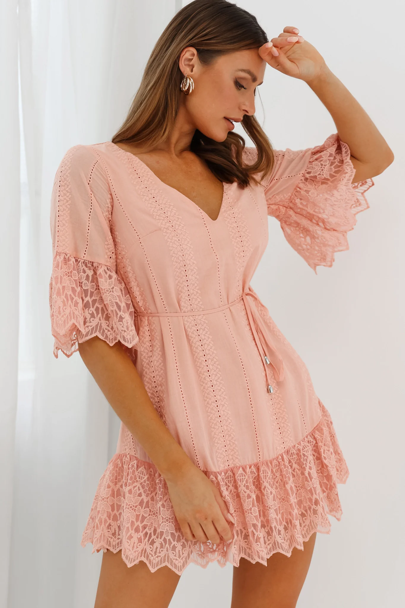 Karissa Lace Trim Waist Tie Tunic Dress Blush