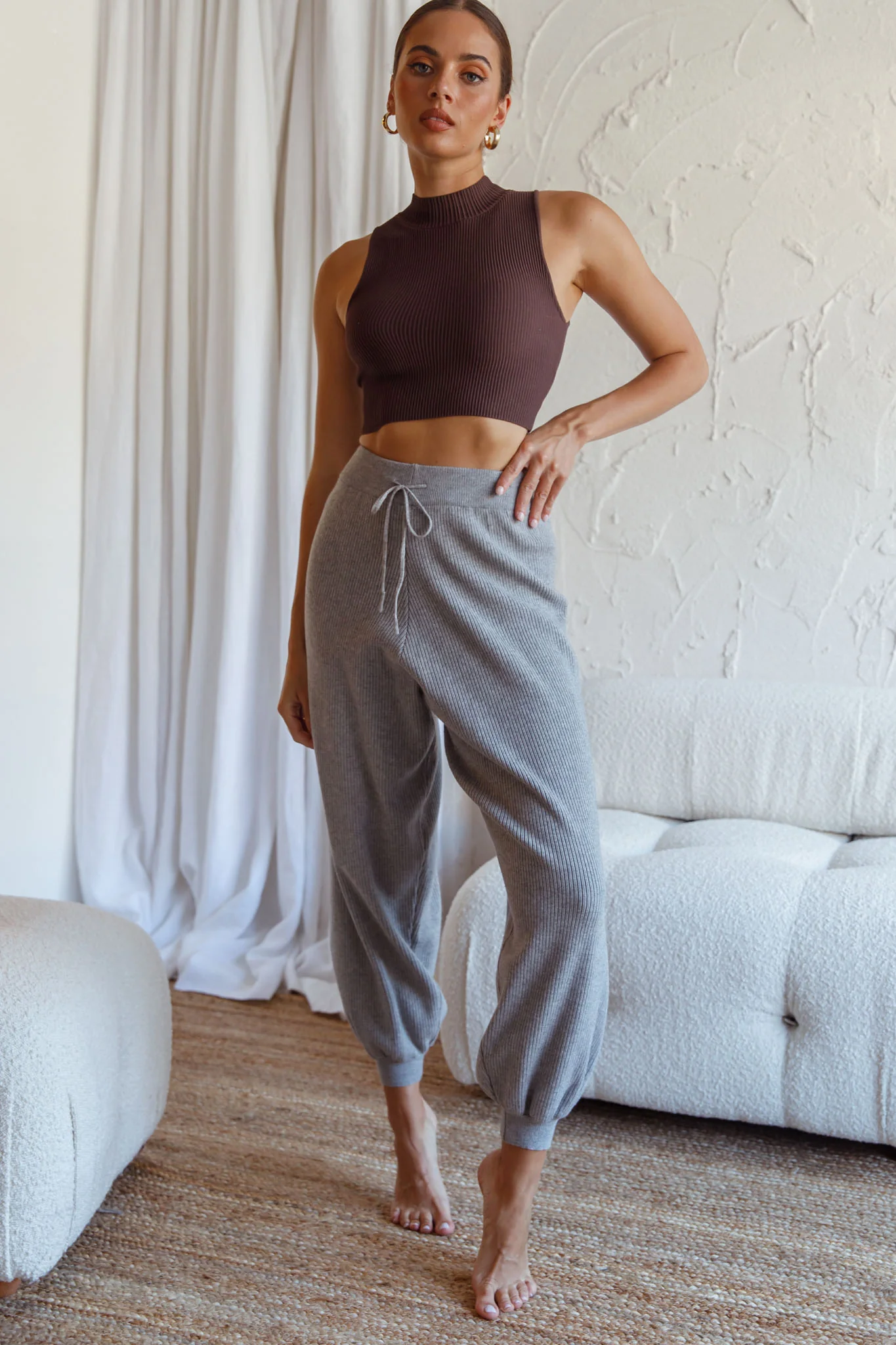 New Soul Drawstring Ribbed Knit Jogger Pants Grey Marle