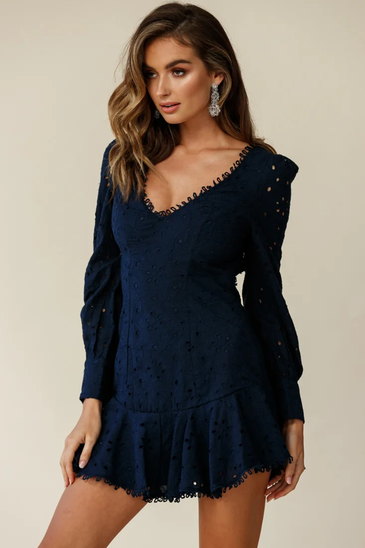 Camellia Open Back Cuff Sleeve Dress Anglaise Navy