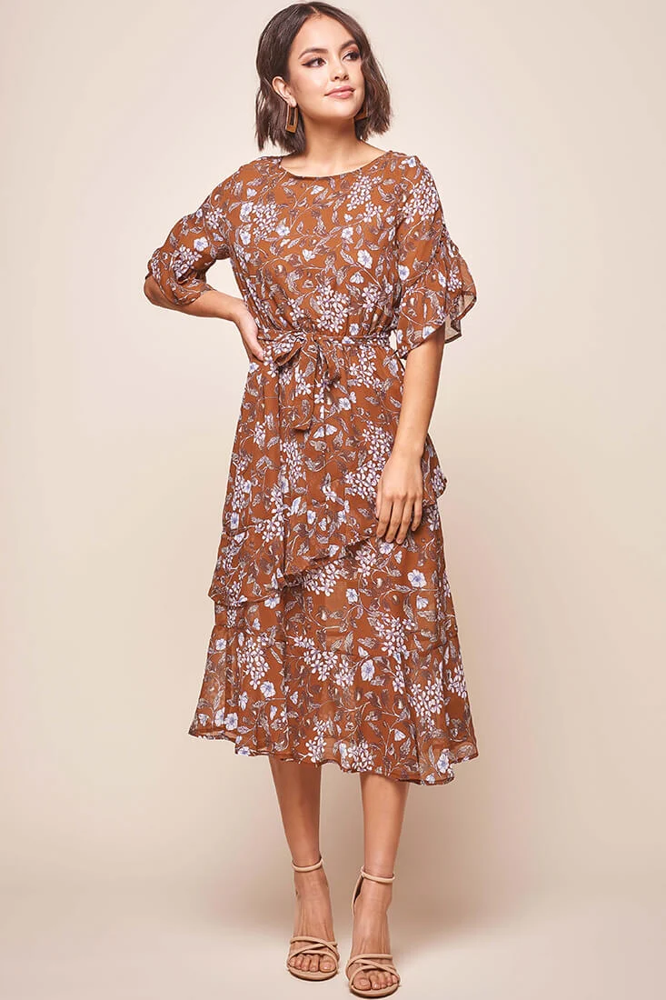 Jackson Waist Tie Ruffle Dress Rust Print