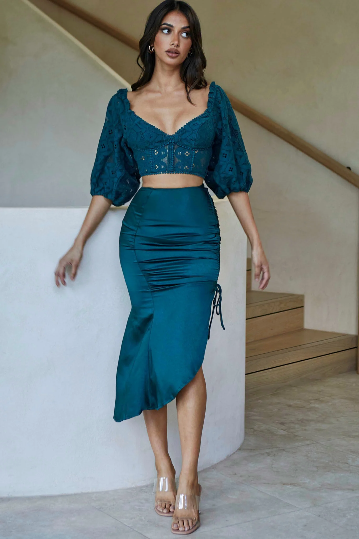 Twinkling Nights Asymmetrical Hem Ruched Side Satin Midi Skirt Jade Green