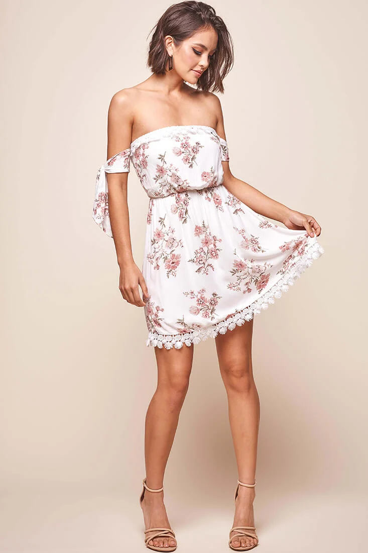 Polly Bardot Embroidery Fringe Dress White