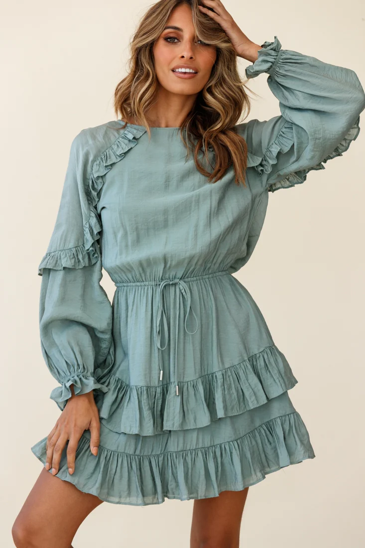 Best Wishes Long Sleeve Frill Detail Dress Olive