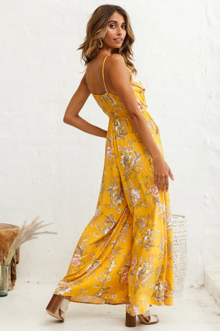 Melita Ruffle V-Neckline Jumpsuit Mustard Print