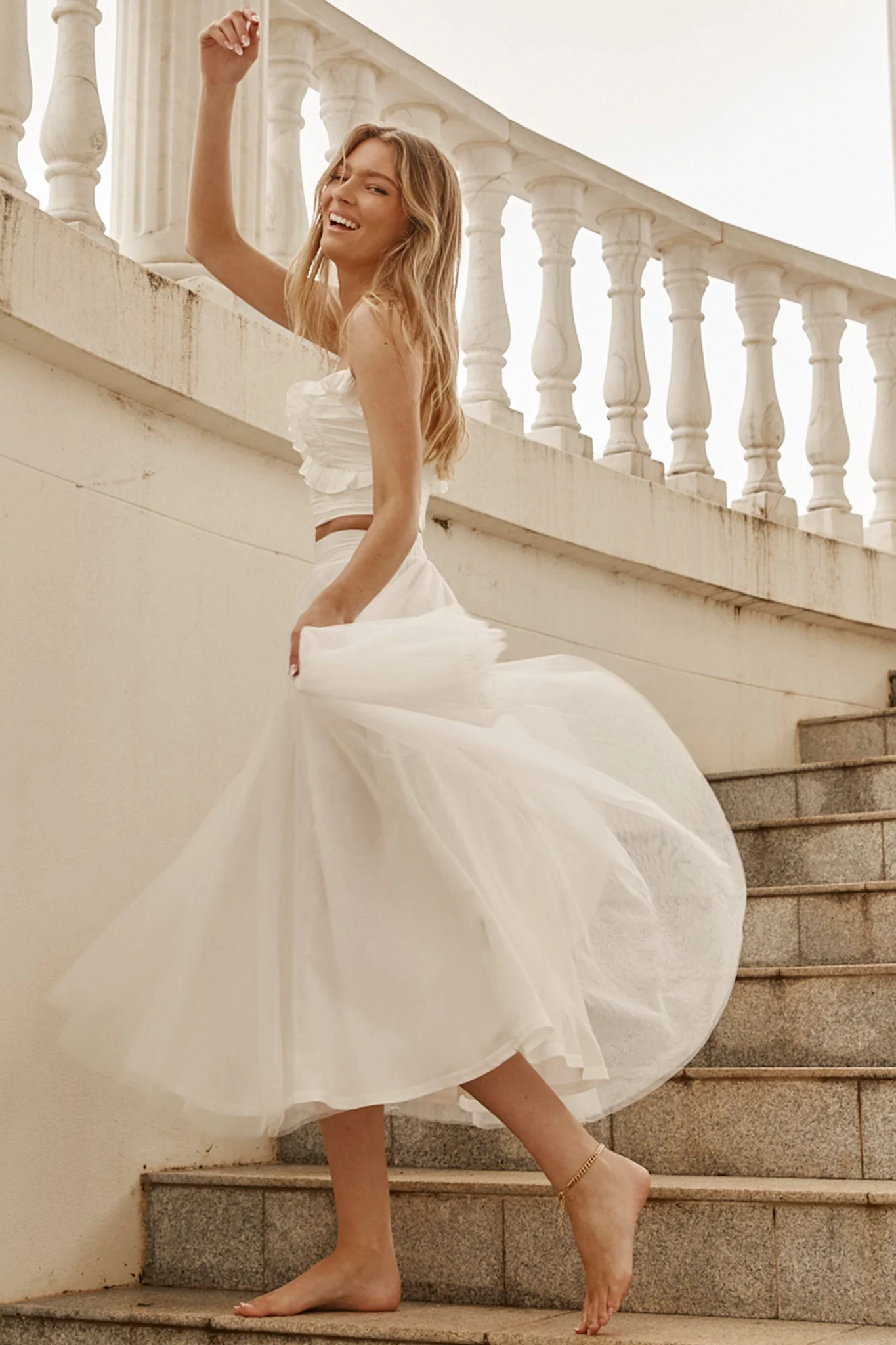 Jasmine Organza Mesh Elasticated Waist Midi Skirt White