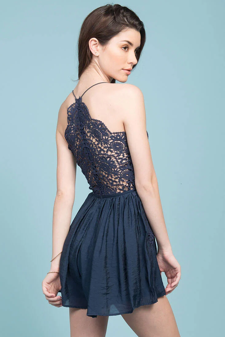Henley Lace Top Romper Navy
