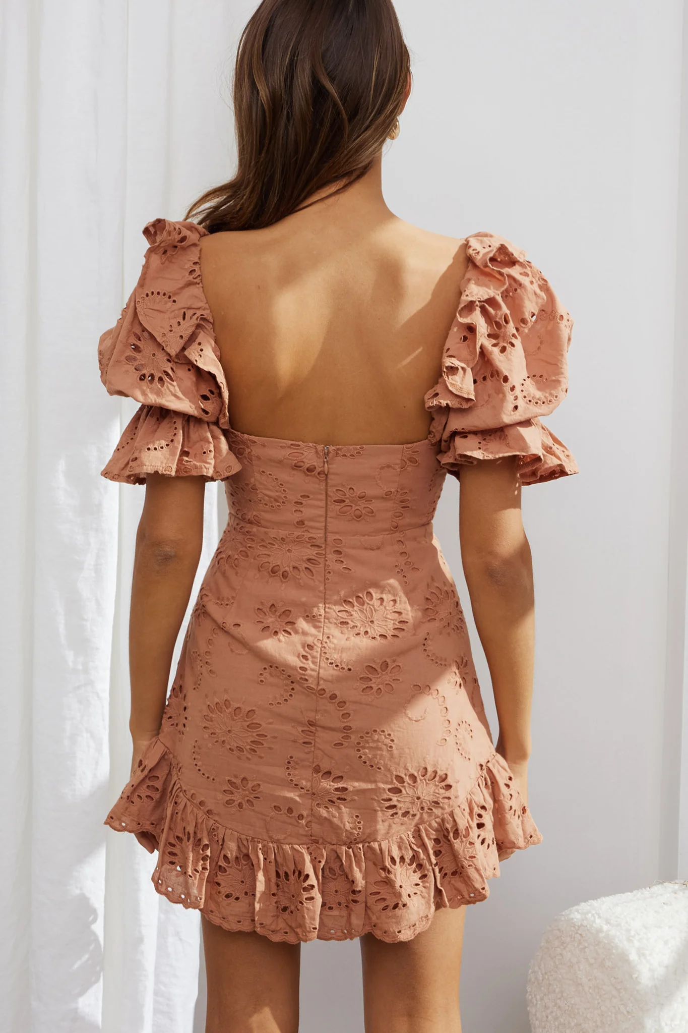 Meet Cute Twist Bust Puff Sleeve Eyelet Dress Latte