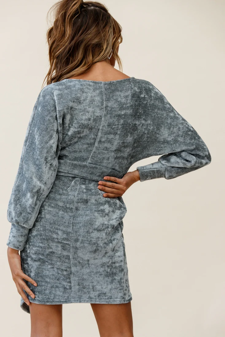 Isolde Ribbed Velour Wrap Dress Grey