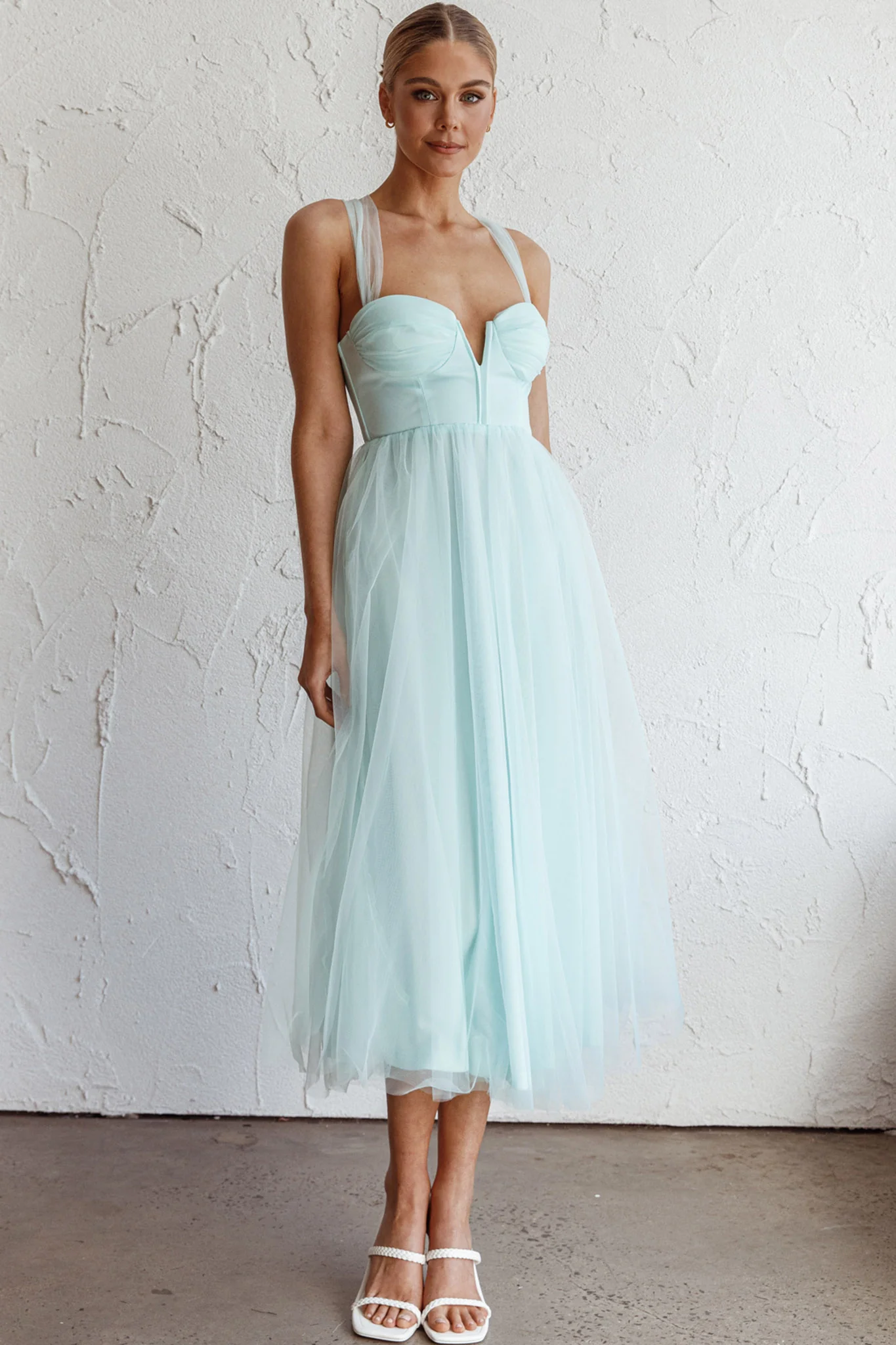 Surreal Lace-Up Back Tulle Midi Dress Mint