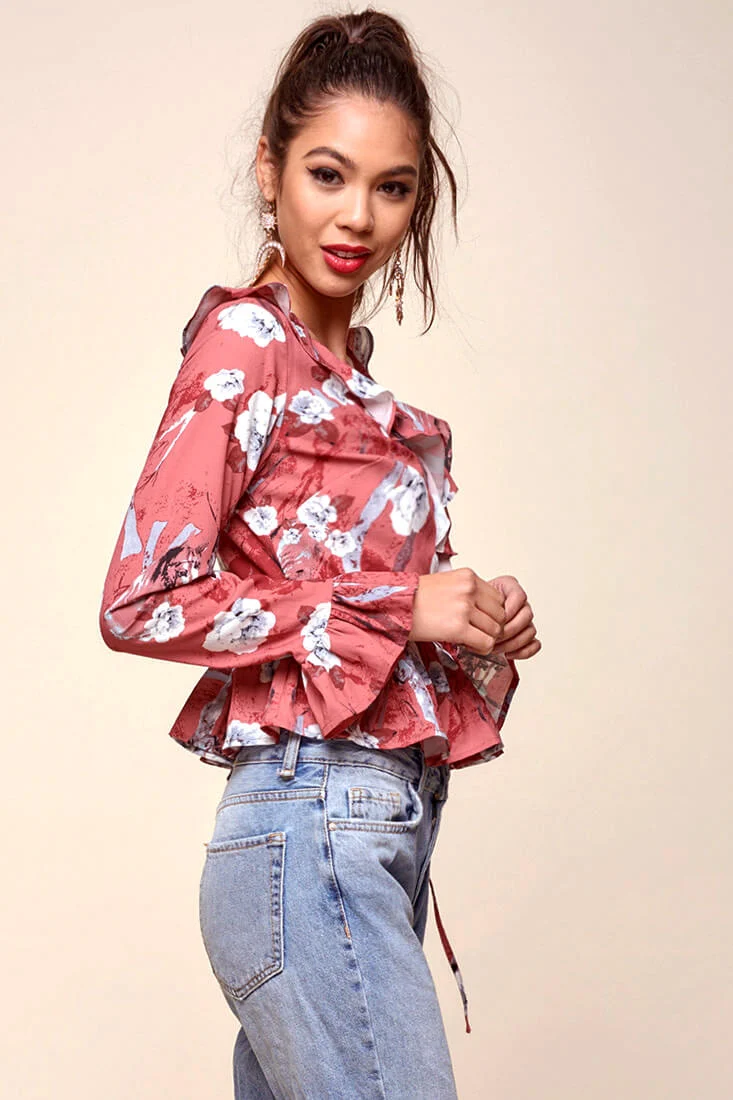 Bellamy Ruffled Bell Sleeve Floral Top Red