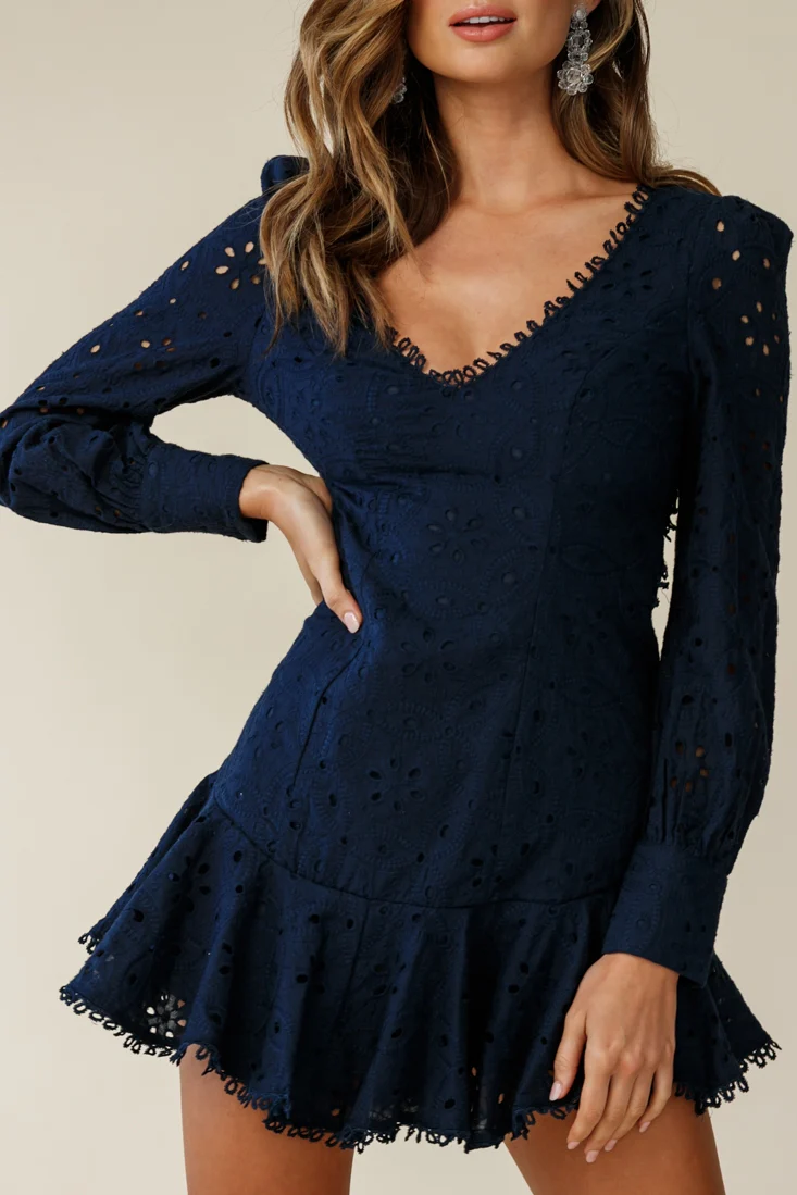 Camellia Open Back Cuff Sleeve Dress Anglaise Navy
