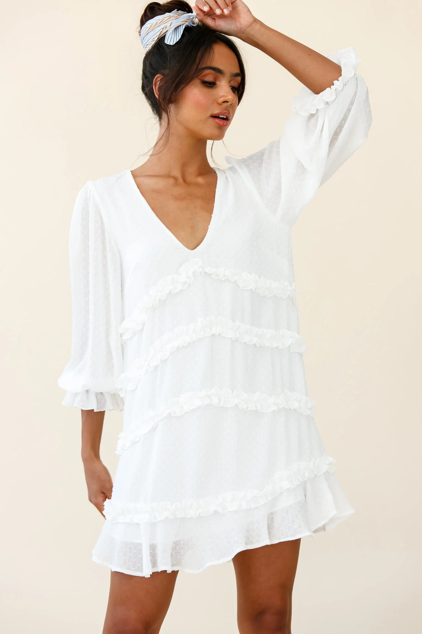 Tabitha Balloon Sleeve Loose Fit Frill Detail Dress White