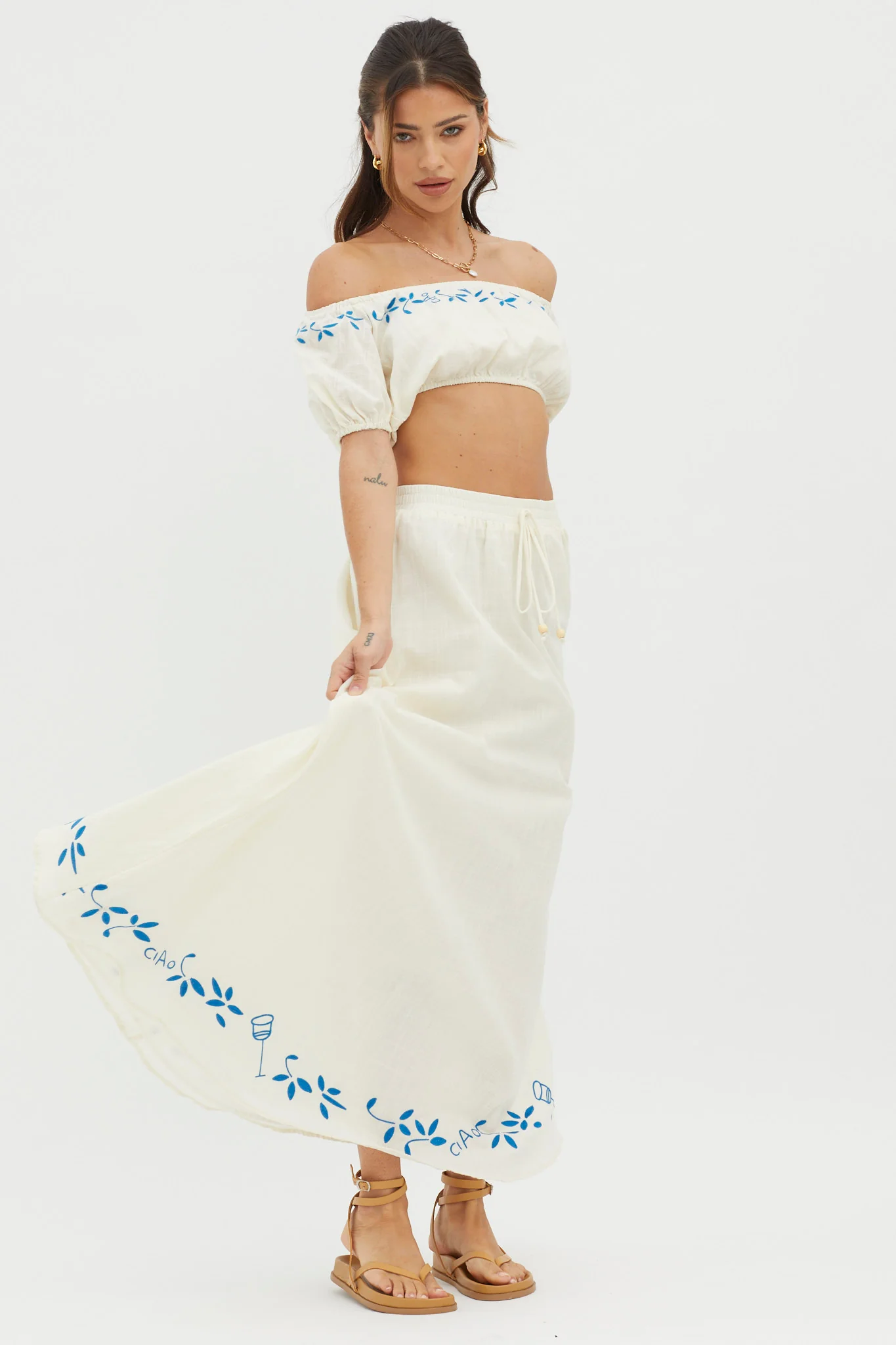 Ritual Embroidered Hem Midi Skirt Beige