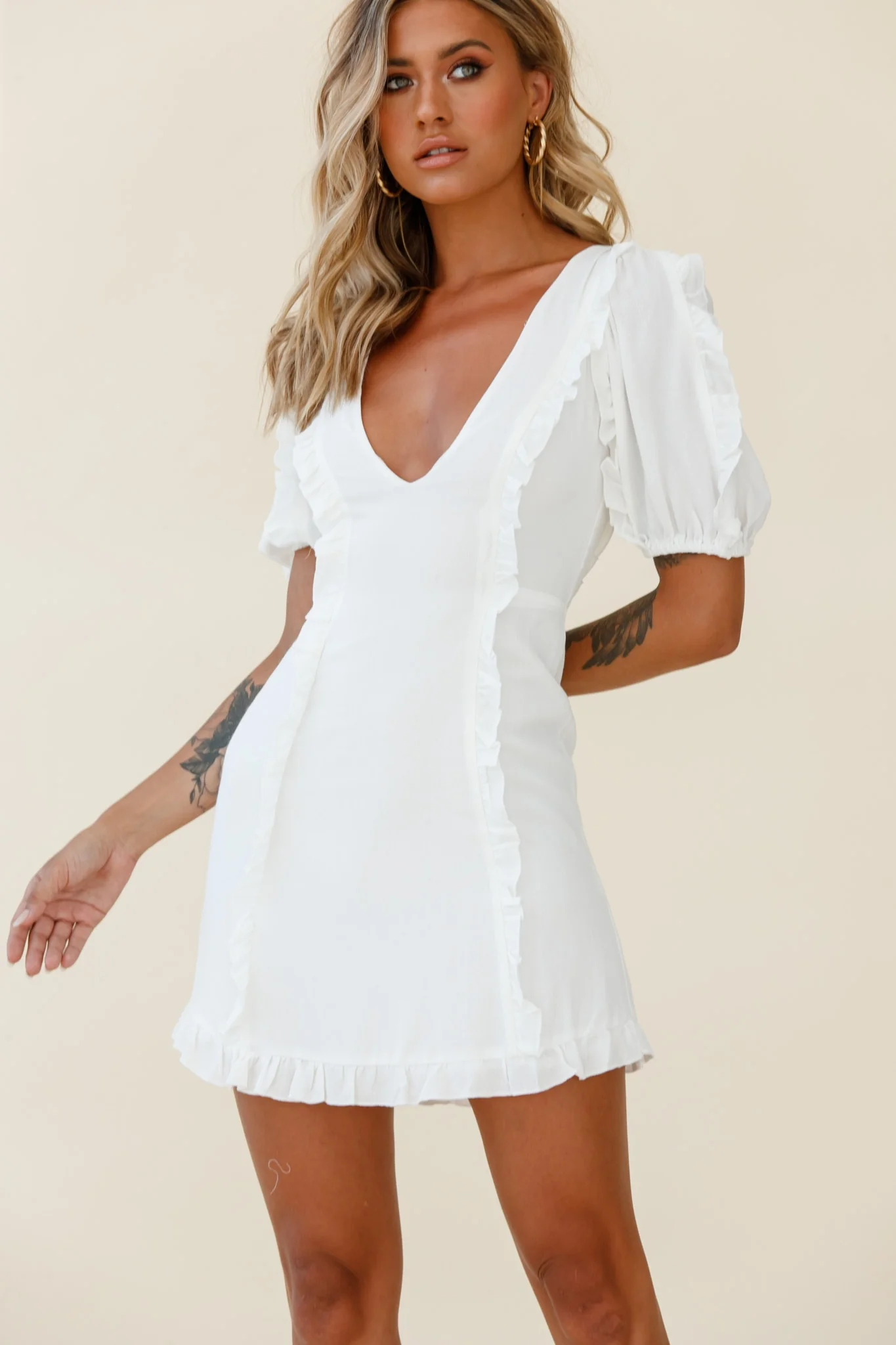 Maisy Puff Sleeve Frill Trim Dress White