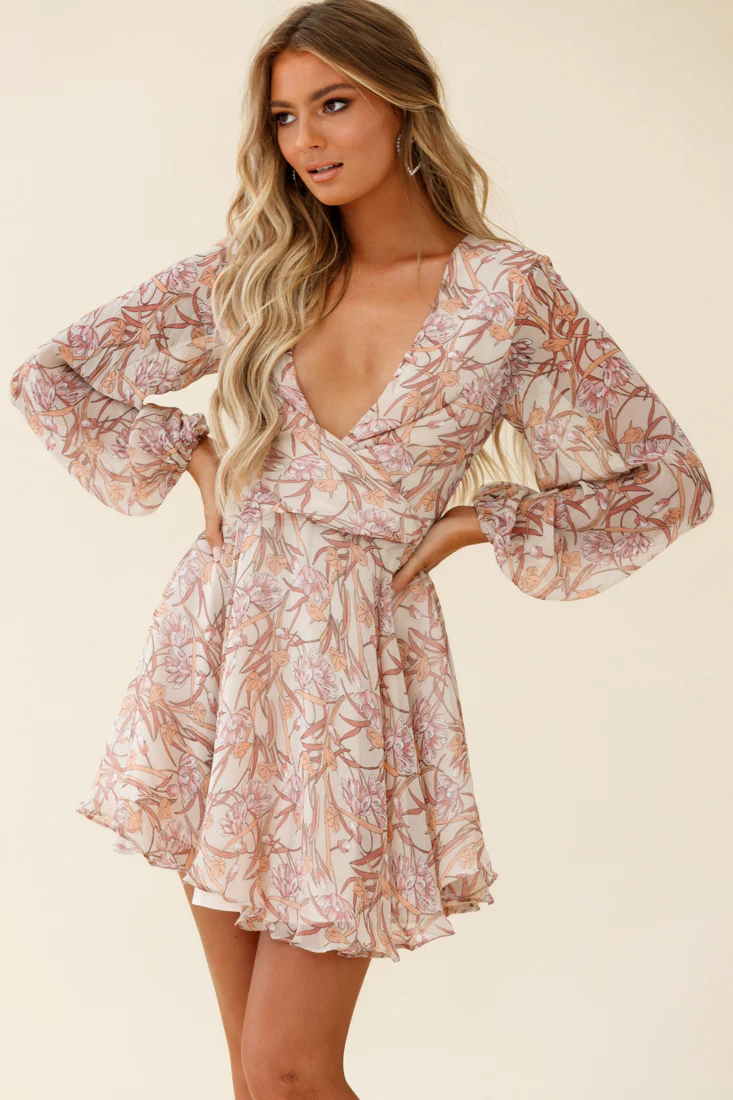 Jessinta Long Sleeve Pintuck Waist Dress Floral Print Nude