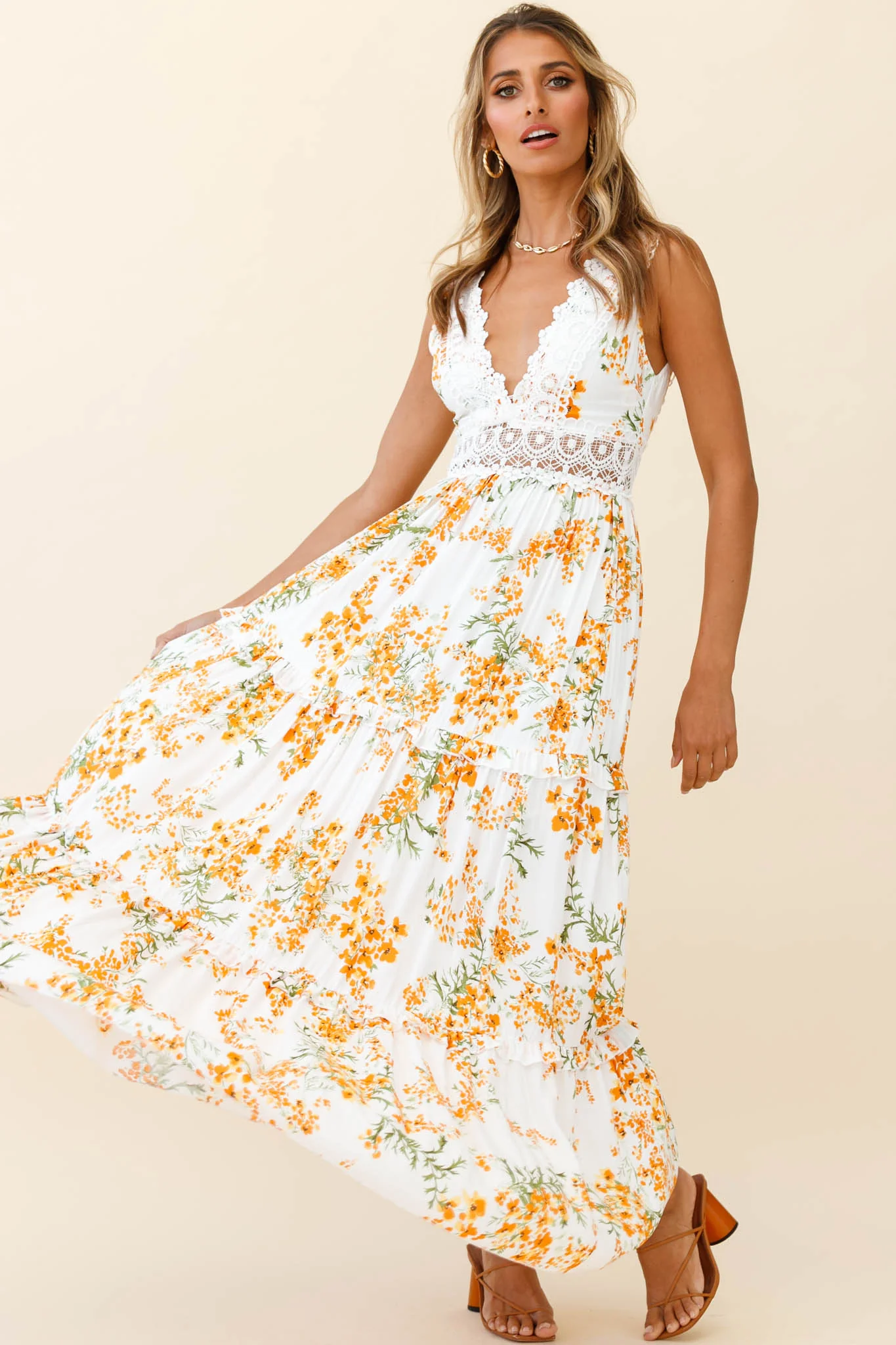 Indio Crochet Insert Deep V-Neckline Maxi Dress Floral Print White/Orange