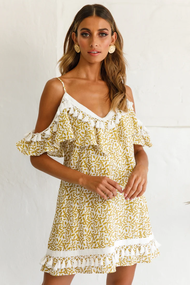 Hayman Cold-Shoulder Tassel Trim Dress Mustard Print