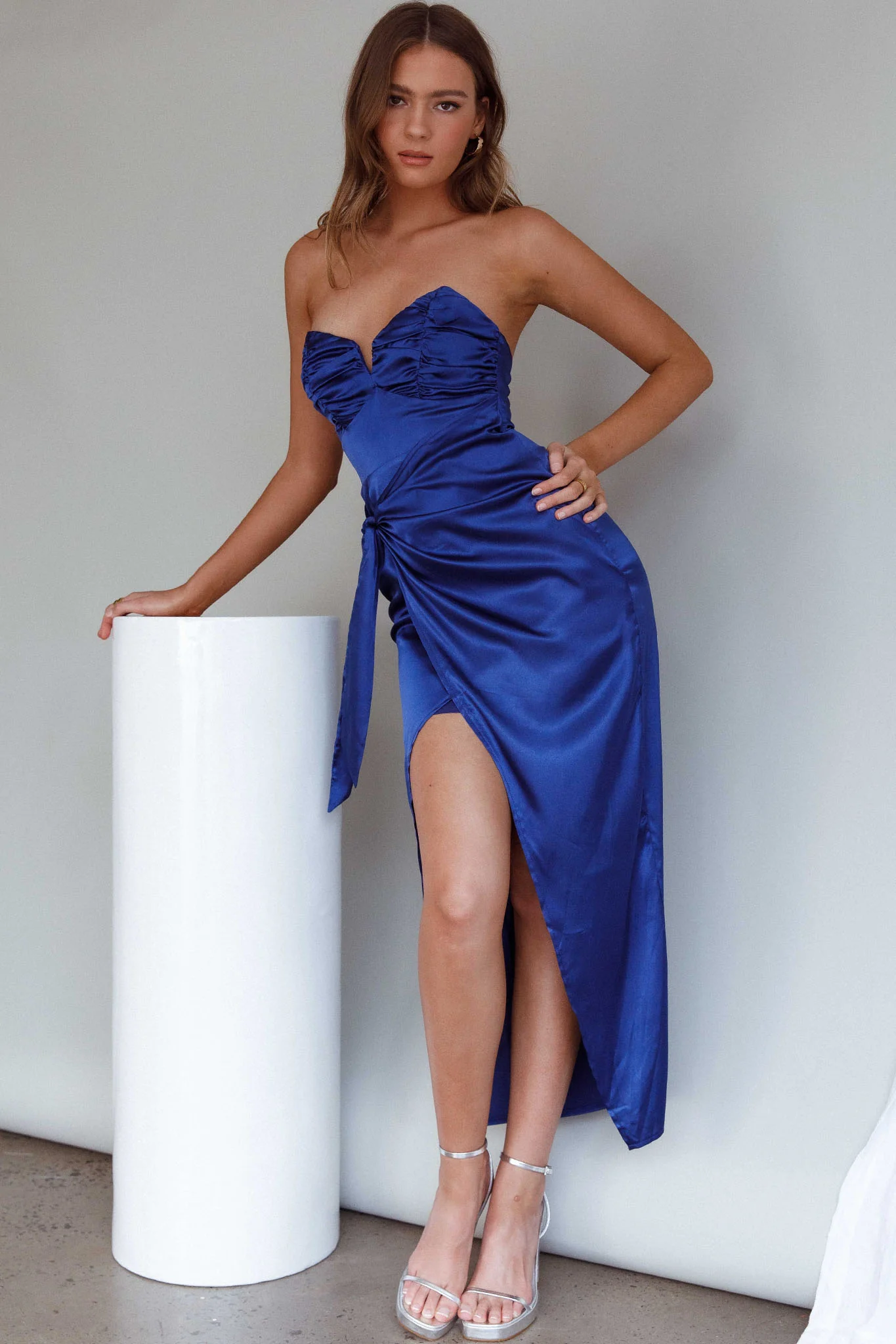 Gianna Strapless Ruched Bust Midi Dress Navy