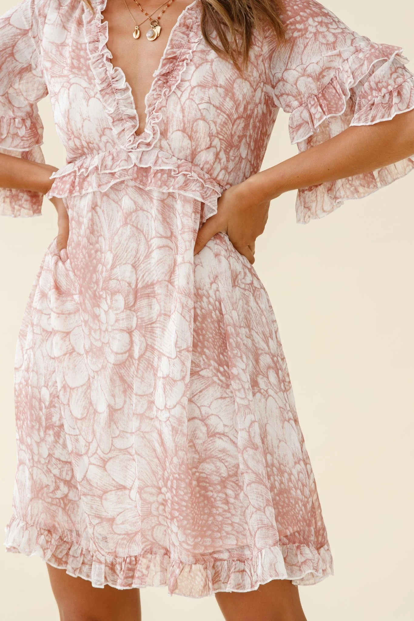 Gemma V-Neckline Frill Detail Dress Flower Print Nude