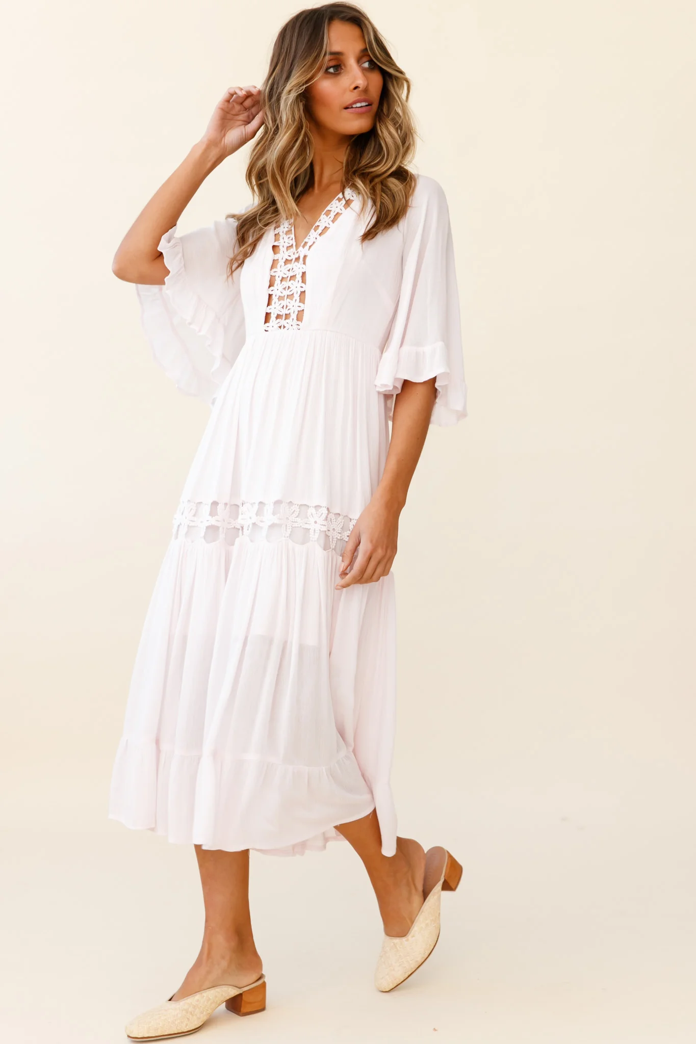 Feeling Groovy Bell Sleeve Crochet Trim Maxi Dress Pink