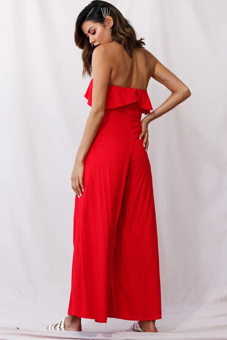 Hamilton Bandeau Ruffle Wide Leg Jumpsuit Red