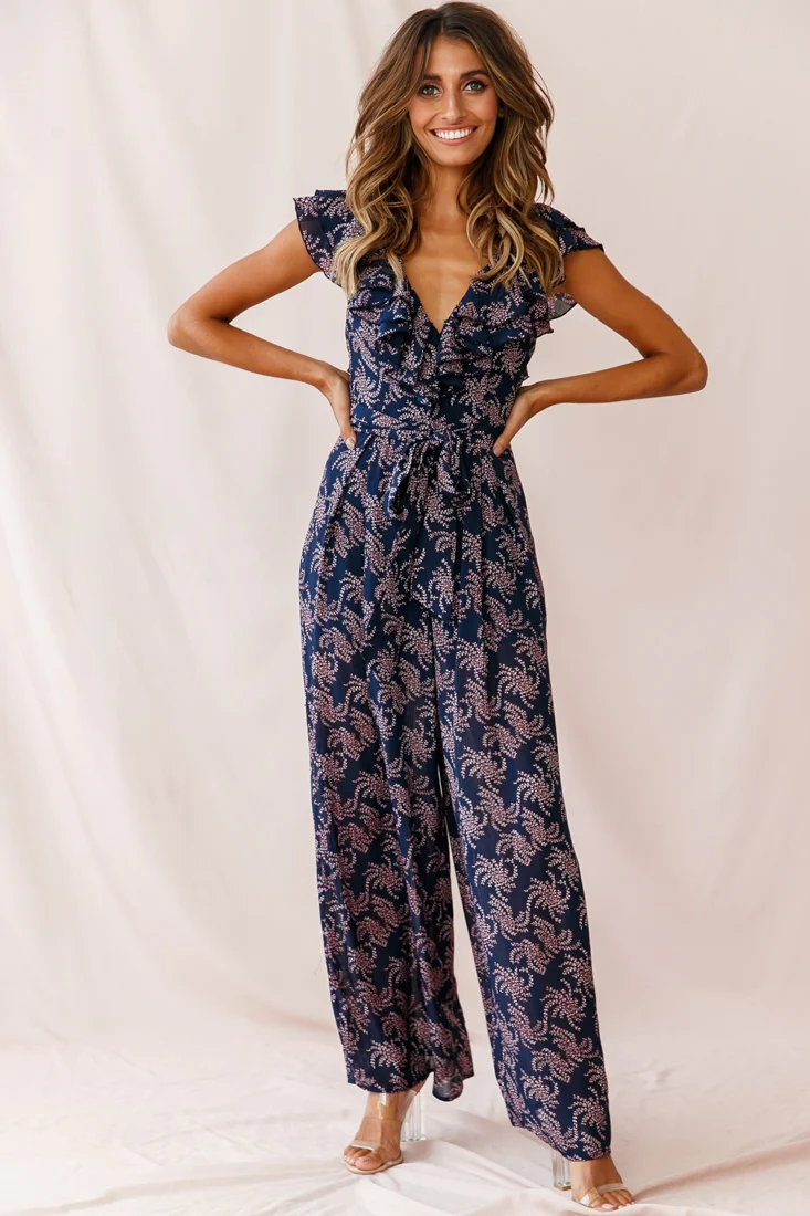 Marcia Ruffle Strap Wide Leg Jumpsuit Floral Print Navy/Pink