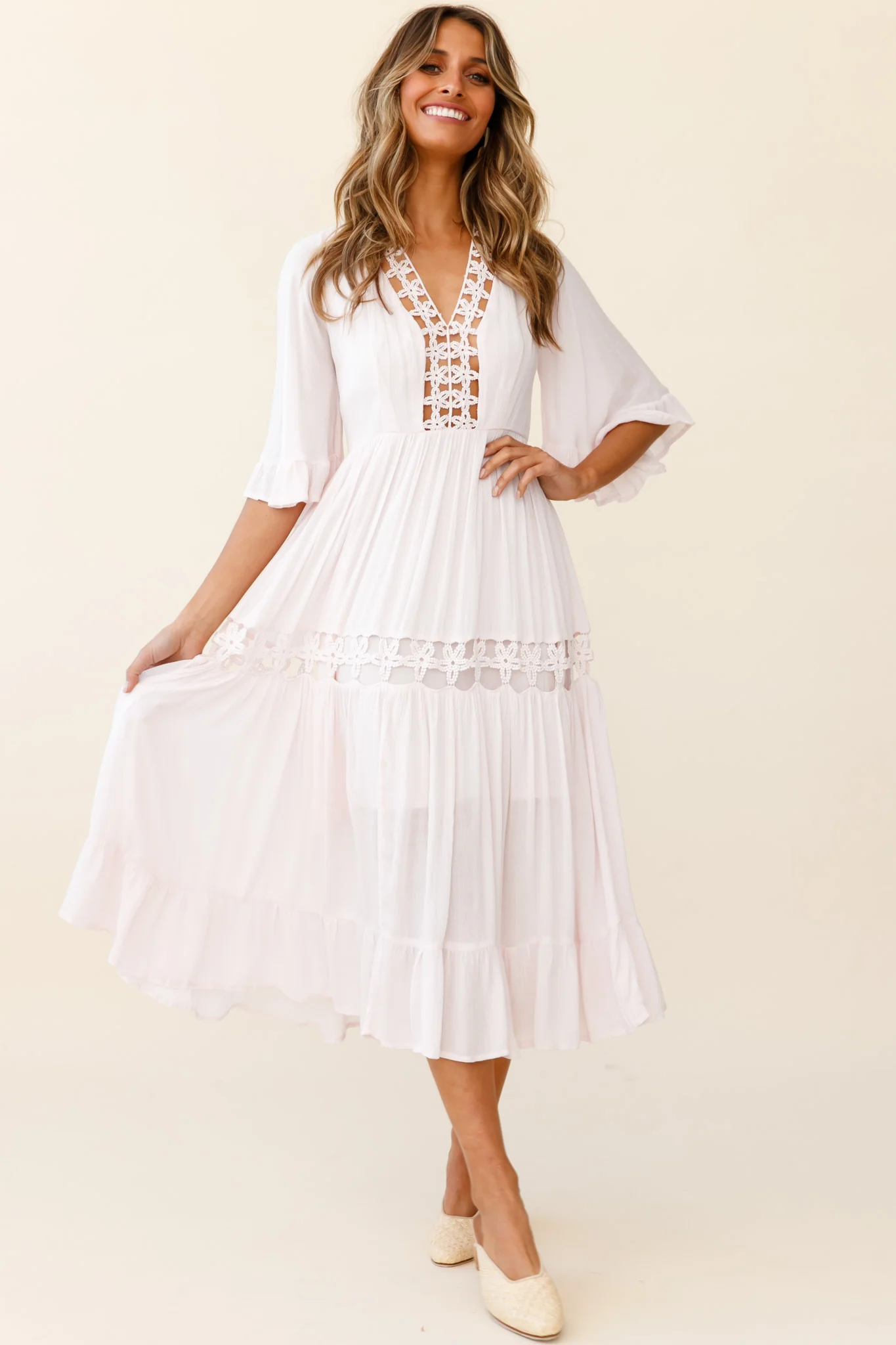 Feeling Groovy Bell Sleeve Crochet Trim Maxi Dress Pink