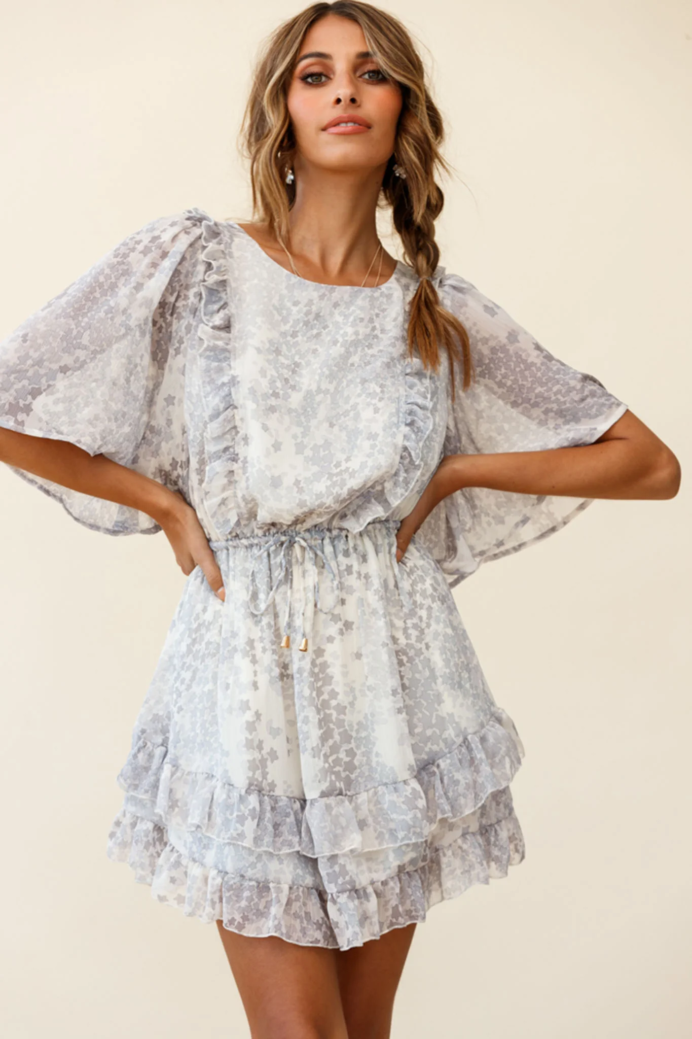 Stars Aligned Angel Sleeve Drawstring Waist Dress Star Print Grey